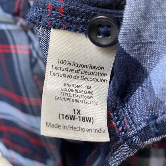 TERRA & SKY Boyfriend Shirt Size 1X Blue Plaid Rayon Button up Embroidered Colla - Picture 10 of 10